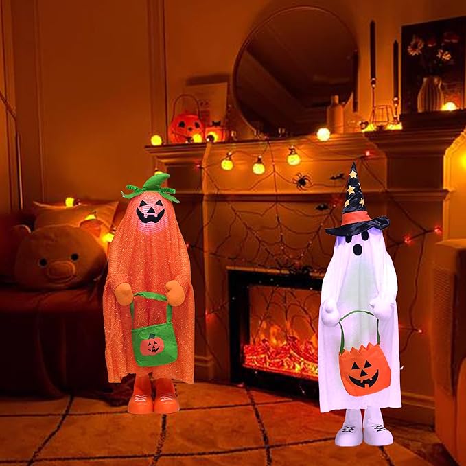 37" Front Porch Light up Halloween Ghost Figure Décor, Kit Standing Trick or Treat Indoor and Outdoor Decorations-Start