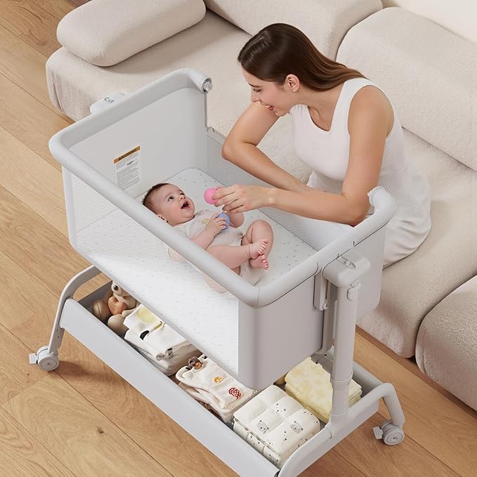 3-in-1 Baby Bassinet, Rocking Bassinet, Bedside Bassinet for Baby, Stable and Secure Bassinet Bedside Sleeper for Newborn & Infant, 6 Height Adjustable with Wheels, Mattress & Breathable Mesh