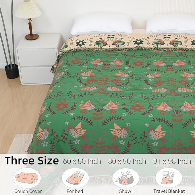 Boho Throw Blanket for Bed, 100% Pure Cotton Ultra Soft Rustic Quilt, Farmhouse Decor Bed Blankets, All Season Rustic Throw for Sofa Couch Chair(80''x 90'', Bird B)