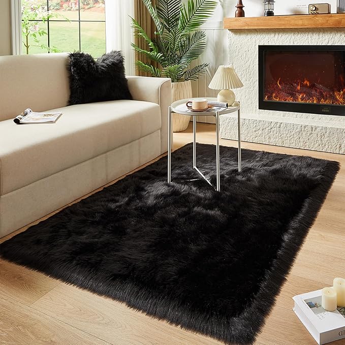 AMTOVO Faux Fur Sheepskin Rug for Living Room, 4 x 6 ft Black Fluffy Area Rug for Bedroom, Playroom, Luxury Room Decor, Rectangle