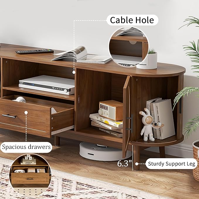 70" Fluted TV Stand for Tvs up to 80", Mid-Century Modern Entertainment Center with Drawers and Fluted Doors, Curved TV Media Console Table with Sliding Doors for Living Room, Bedroom (70")