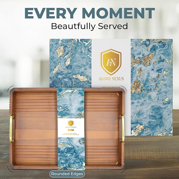 Acacia Wood Serving Tray with Metal Handles – 17x12in Rustic Decorative Ottoman & Coffee Table Tray for Breakfast in Bed, Dinner, Bar, Kitchen, Home Décor & Entertaining