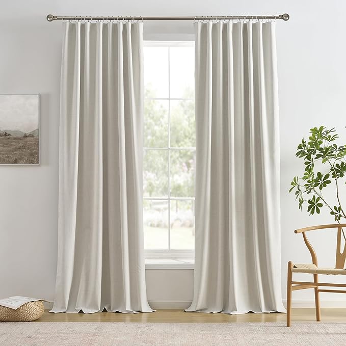 144 Inch Blackout Curtains 2 Panels Linen Textured 2 Story Extra Long Noise Reducing Curtains for Large Window Back Tab Pleated Look Rod Pocket with Hooks 50W x 144L,12 Ft Length Natural Birch/Ivory
