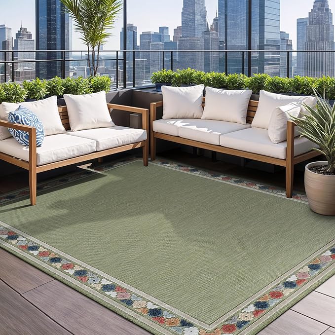 Beverly Rug Outdoor Rug 8x10 Modern Bordered Area Rugs for Indoor and Outdoor Patio Easy to Clean Non Shedding Living Room Porch Garden Washable Outside Carpet (8 x 10 Green)