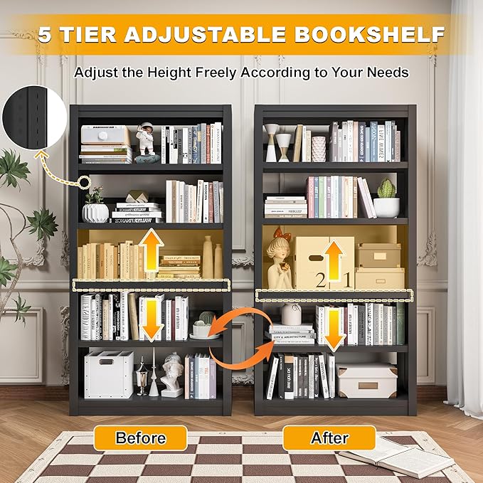 Bookshelf, 5 Tier Metal Bookshelf, 69" H Tall Bookcase with Adjustable Shelves, Large Industrial Bookshelves for Living Rooms, Home Offices, Library, 10 Minutes Assemble