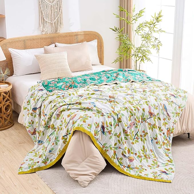 Boho Throw Blanket for Bed, 100% Cotton Soft Rustic Quilt Fall Blanket, 50"x60" Floral Printed Farmhouse Decor Bed Blankets, All Season Rustic Reversible Bohemian Throw Quilt