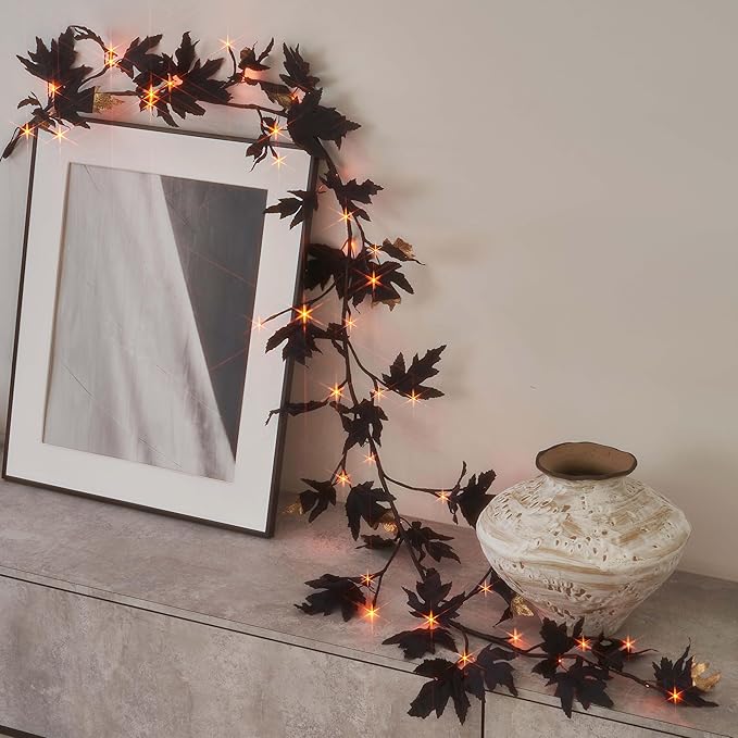Birchlitland Halloween Black Maple Garland with Lights Timer 48 LED Orange and Warm White Fairy Lights, Battery Operated for Indoor and Outdoor Halloween Party Decoration
