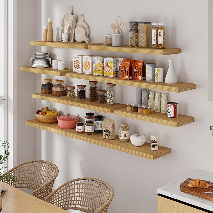 55 Inch Floating Shelves Set of 2, Rustic 55 x 9 Floating Shelf for Wall, 9 Inch Deep Wall Shelves Invisible Bracket, Large Deep Shelving for Bedroom, Kicten, Living Room, Oak Color