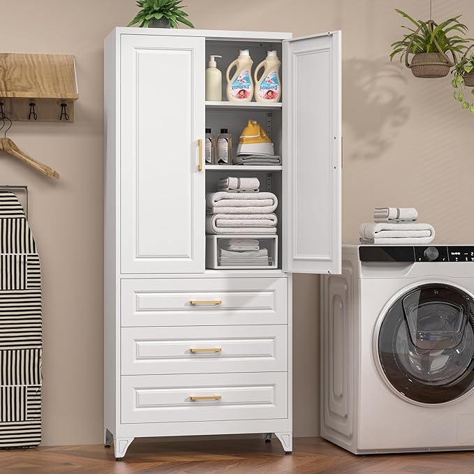75" Kitchen Pantry Cabinet, Metal Storage Cabinets with Doors and Adjustable Shelves, White Tall Pantry Cabinet with 3 Drawers for Dinning Living Room