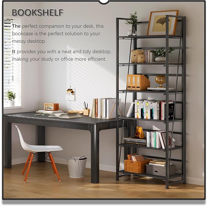 4NM No Assembly Foldable Bookshelf, 6-Shelf Collapsible Bookcase Storage for Small Spaces, 74" H, All Black