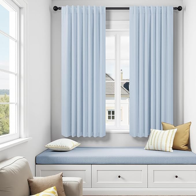 Baby Blue Curtains for Bedroom 45 Inch Length 2 Panel Linen Blackout Short Curtains for Nursery Boy Girls Bathroom Kitchen Light Bluey Unisex Black Out Drapes for Living Room Heat Cold Light Blocking