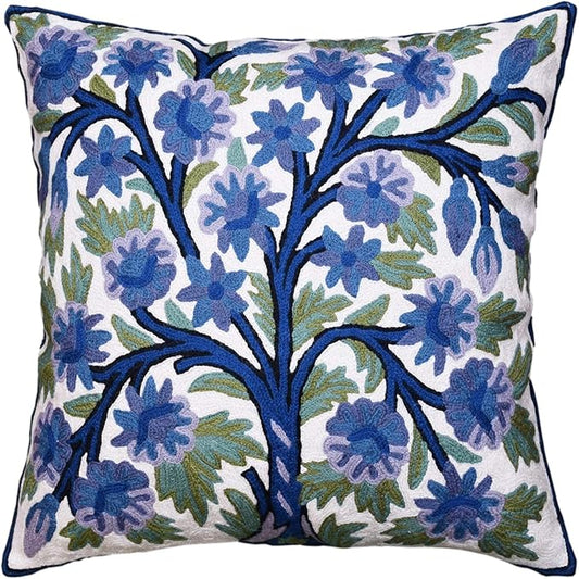 Blue Tree of Life Pillow Cover Indigo Plant Floral Pillowcase Needlepoint Botanical Flower Suzani Cushions Traditional Boho Modern Floral Cushion Wool Size - 18x18