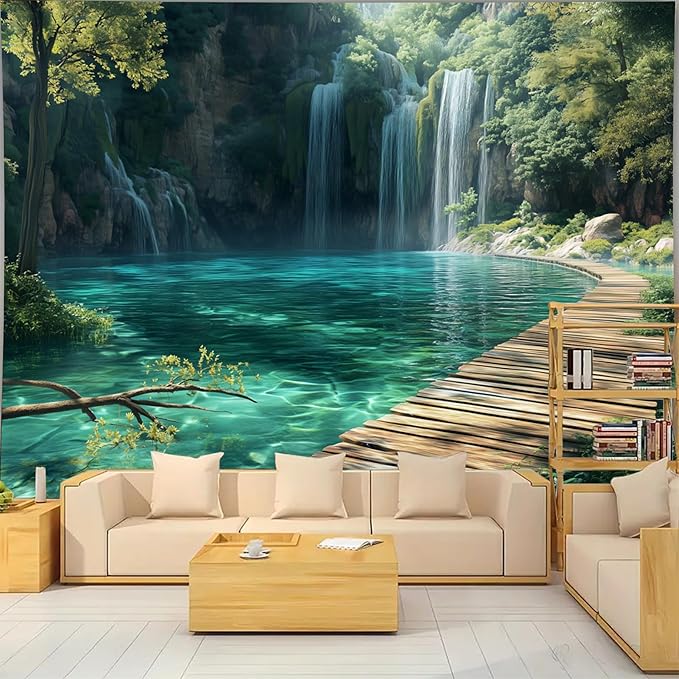 BSFHH Nature Tapestry Forest Tree Sea Cave Wall Hanging, Stream Through Rainforest Landscape Wall Art Tapestry for Bedroom Living room (Waterfall, 110" × 87", Unframed)