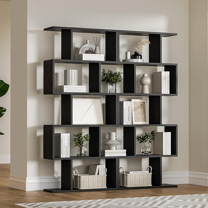 Black 5-Tier Geometric Bookcase, S-Shaped Modern Bookshelf Set of 2, 62.6" Tall Room Divider Book Shelf, Decorative Display Shelf