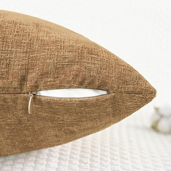 CaliTime Throw Pillow Covers Decorative 18 X 18 Inches Pack of 4 Cozy Chenille Cushion Cases for Couch Sofa Bed Living Room Home Apricot Brown