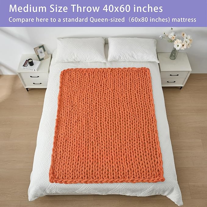Bigacogo Chunky Knit Throw Blanket for Couch, 40x60 inches, 100% Hand Knitted with Thick Jumbo Chenille Yarn, Cozy Soft Large Rope Knot Cable Crochet Blankets for Sofa Bed Living Room, Terracotta