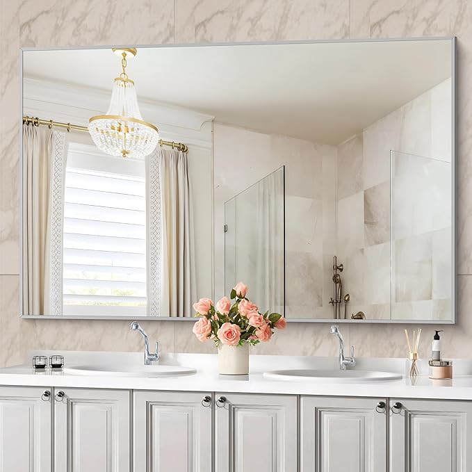 36x55 inch Bathroom Mirror, Silver Rectangle Mirror with Thin Metal Frame, Large Rectangular Wall Mirrors for Bathroom, Living Room, Big Mirror Hang Horizontal/Vertical