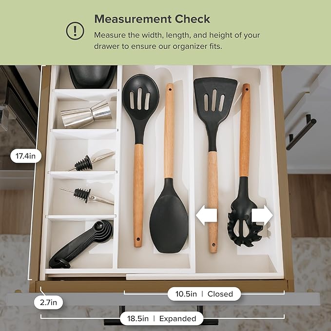 Adjustable Kitchen Drawer Organizer for Utensils and Junk, Food-Safe Contract Grade with 100% Sustainable Wood, Expandable from 10.5 to 19 Inches Wide - White Bamboo