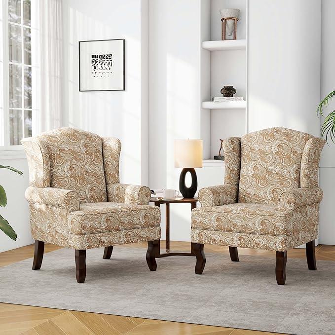 Accent Chair, High Back Upholstered Armchair with High Resilience Sponge & Wood Legs, Mid-Century Modern Comfy Single Sofa Reading Chairs for Living Room, Bedroom (Floral Sand, Set of 2)