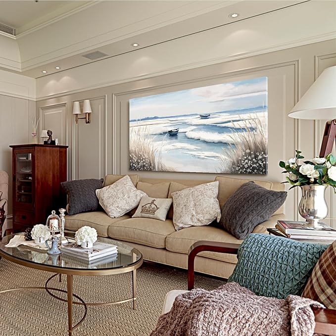 amatop Extra Large Wall Art for Living Room –Big Coastal Beach Minimalist Canvas Artwork with Sailboat Ocean Waves and Reeds Nautical Seascape Picture for Bedroom Decor Blue58x29 Inch