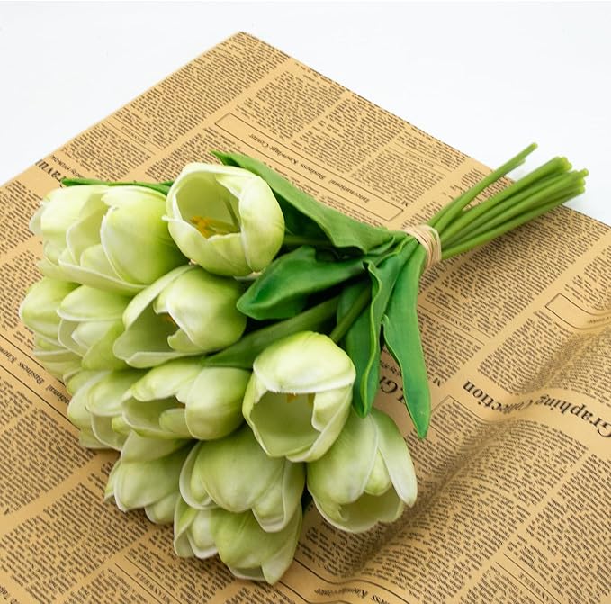 Buart Artificial Tulip in Bulk for Home Kitchen Wedding Bridal Bouquet,Fake Flowers for Valentine's Day Mother's Day Easter Table Centerpieces Decorations(Green,Real-Touch,12pcs)