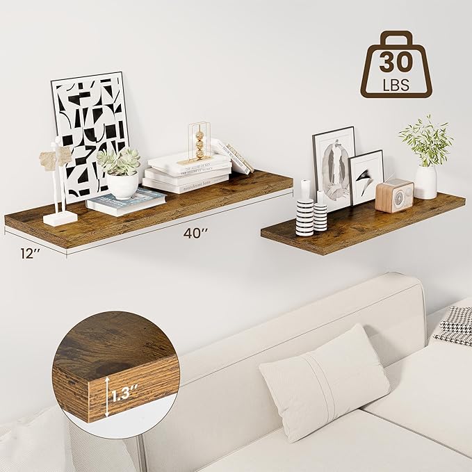 40" Floating Shelves for Wall, 12" Deep Slim Rustic Brown Floating Shelves, Wall-Mounted Shelves for Bedroom, Living Room, Kitchen, Bathroom - Set of 2