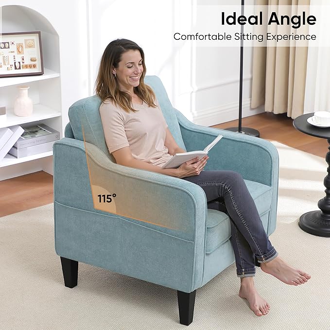 Accent Chairs Set of 2, Upholstered Living Room Chairs with Side Pockets, Mid Century Modern Reading Chair for Bedroom, Comfy Armchair Single Sofa Side Chair for Office, Small Room, Teal Green