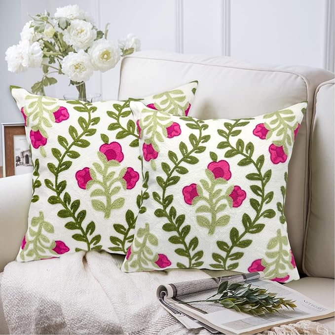 Alysheer Floral Embroidered Summer Decorative Throw Pillow Covers 20"x 20" Set of 2, Farmhouse Cottage Hot Pink Flowers Green Leaves Knit Pattern Cotton Canvas Cushion Case for Couch Bed Living Room