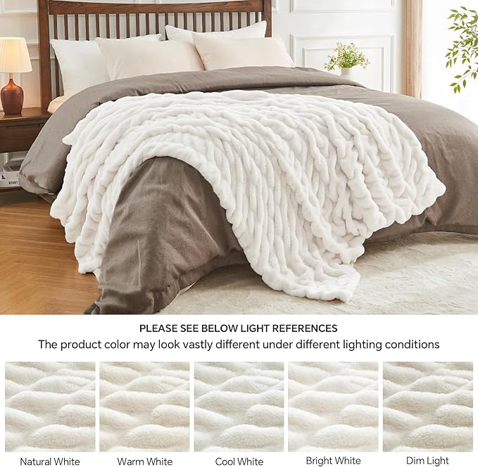 BEDELITE Faux Fur Throw Blanket for Couch, Soft and Cozy Boho Ruched Fluffy Blanket, Warm Plush Fuzzy Faux Rabbit Fur Blanket for Women Gift (Cream, 50"x 60")