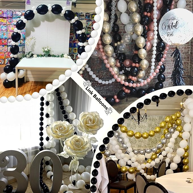 Black and White Quick Link Balloons, 100PCS Latex Linking Balloons for Making Balloon Wall Balloon Arch Balloon Chains and Wedding Birthday Baby Shower Engagement Graduation Party Decorations (10inch)