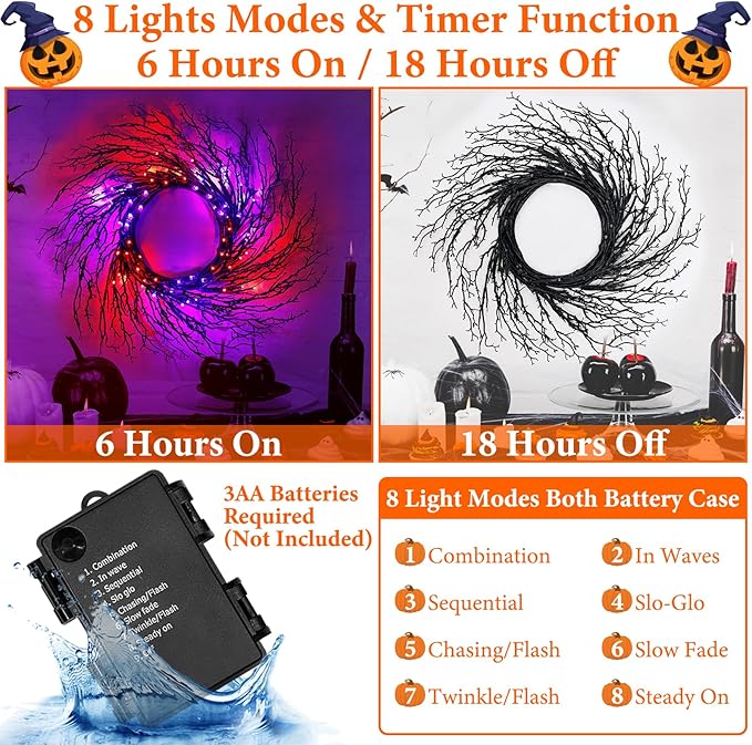 7 Ft Halloween Decorations Willow Vine Twig Garland with 8 Modes Timer 63 LED Orange Purple Lights, Halloween Garland with Waterproof Battery Operated for Wall Fireplace Decorations Indoor Outdoor