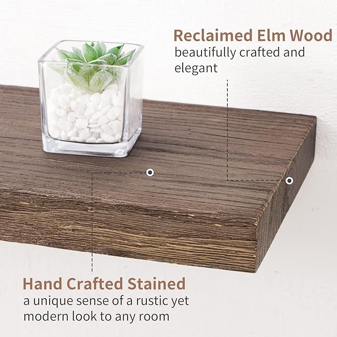 Axeman Floating Shelves for Wall, Rustic Elm Wood 48'' x 8" Deep Wall Shelf with Invisible Bracket, Large Long Wall Mounted Storage Shelves for Living Room, Bedroom, Kitchen, Bathroom Decor, Walnut
