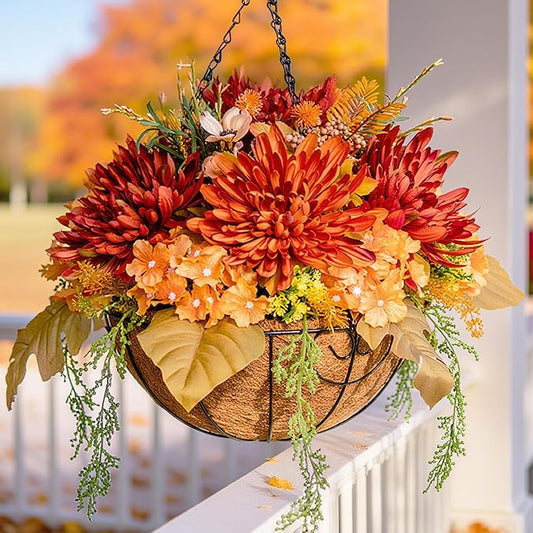 Artificial Fake Hanging Mums Flowers Plants Baskets for Outdoor Outside Decoration, Faux Silk Orange Flower Chrysanthemum UV Resistant Realistic for Porch Patio Balcony Yard Decor