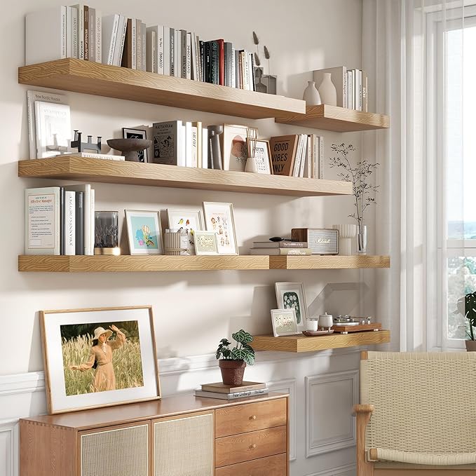 12 Inch Deep Floating Shelves | 30W x 12D Rustic Floating Shelves for Wall Set of 2 | Oak Shelves for Living Room Bathroom Laundry Room Bedroom Kitchen Home Office - Oak