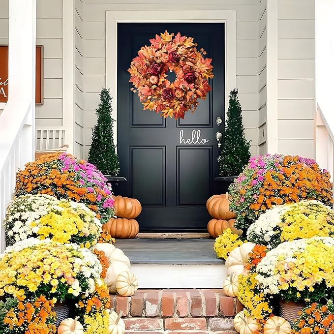 26'' Large Fall Wreath for Front Door, Autumn Wreaths for Outdoor Home Decor - Farmhouse Wreath with Maple Leaves, Pumpkins, Roses, Thanksgiving Decoration, Rustic Harvest Festival Door Hanging