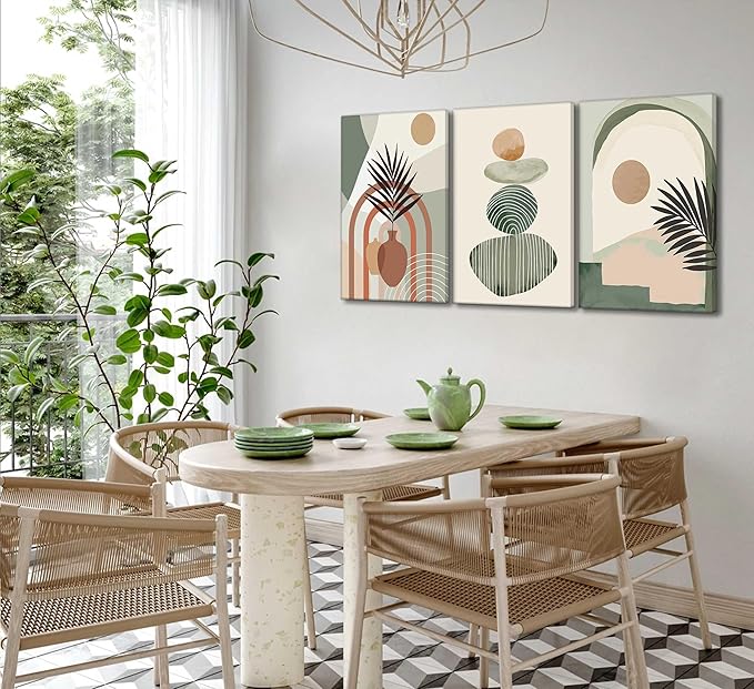 3 Pcs Mid Century Modern Boho Abstract Canvas Wall Art Neutral Green Bohemia Sun and Plant Pictures Wall Decor Posters Print Artwork for Living Room Bedroom Bathroom Office Home Decoration