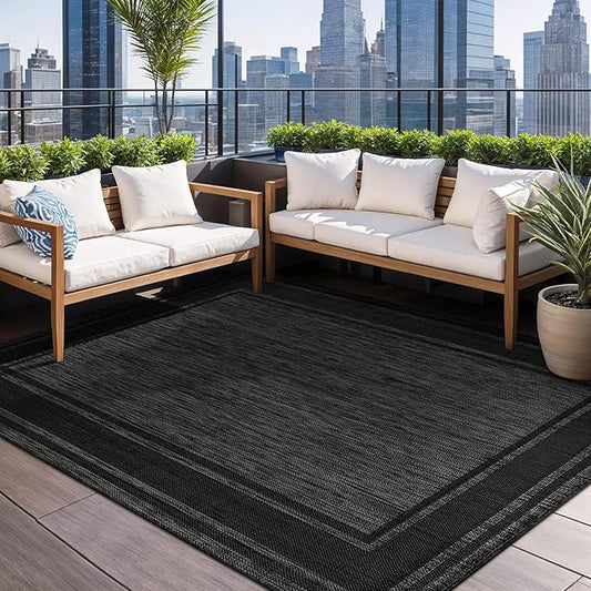 Beverly Rug Large Outdoor Rug 9x12 Modern Bordered Area Rugs for Indoor and Outdoor Patio Deck Porch Garden Waterproof Weather Sun Resistant Washable Outside Carpet (9 x 12 Black)