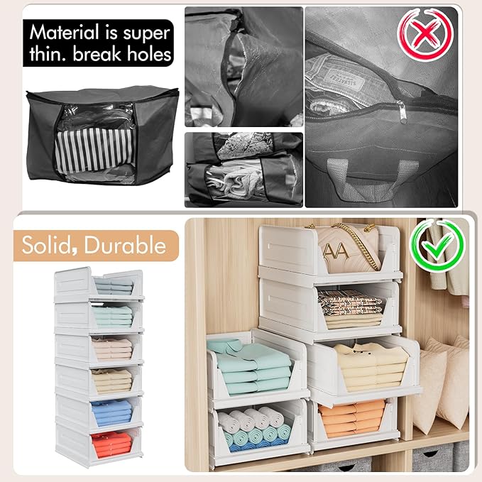 6 Pack Stackable Closet Storage Basket - Stackable Storage Bins, Multifunctional & Foldable Closet Organizer, Wardrobe Storage Space-Saving Clothes Storage Drawer Organizer, White