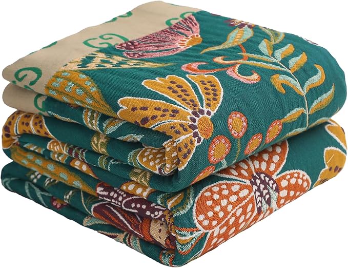 Boho Throw Blankets Reversible Luxurious Cotton Bed Throws with Vintage Bohemian Design & Yellow/Green Lightwight Floral Decor Blanket, Perfect as Bed Sofa Quilt 60" x 80"