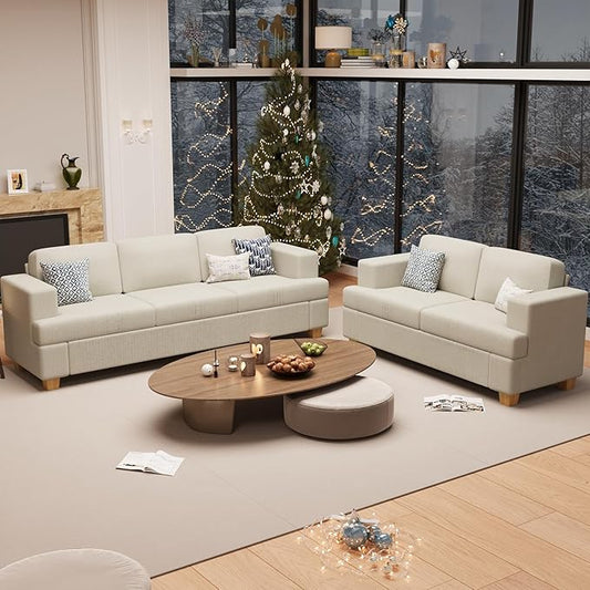 2 Pieces Corduroy Couch Set for Living Room, 5 Seats Cloud Sofa, Deep Seat Floor Couch for Bedroom, Futon Modern Sofa Bed, White Corduroy