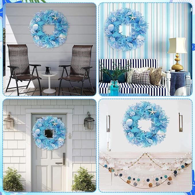 24 Inch Coastal Seashell Large Wreath with Natural Starfish & Scallops Shell, Blue Beach Style Front Door Wreath with for Spring Summer, Farmhouse Rustic Indoor Outdoor Home Wall Wedding Decor