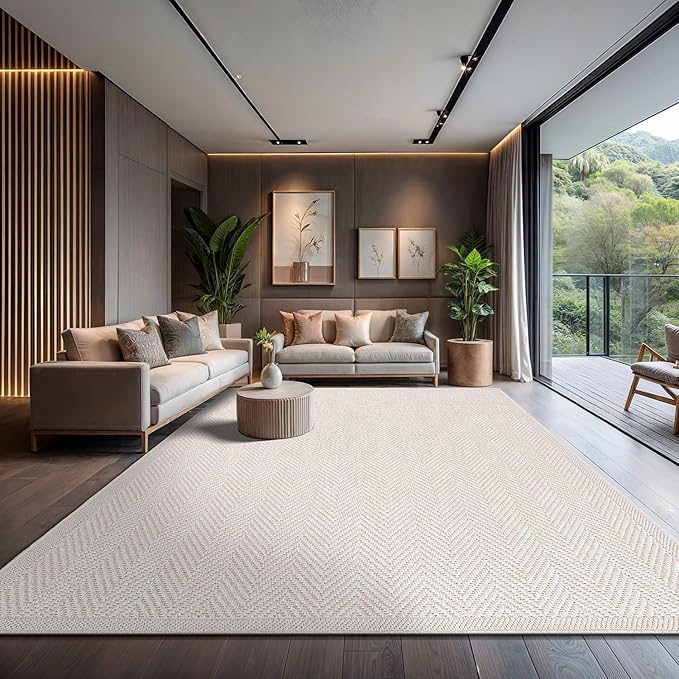 CAMILSON Easy Jute Rug 9x12, Indoor Outdoor Off-White Color Fiber Area Rugs for Living Room and Patio Rug Herringbone Seagrass Boho Woven Design Easy-Cleaning Washable Outside Carpet Alfombras 9 x 12