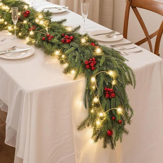 6FT Christmas Norfolk Pine Garland -2PCS, Artificial Pine Needles Garlands Faux Greenery Fake Garland for Holiday Fireplace,Table,Window,Stairs,Mante,Indoor Outdoor Decor