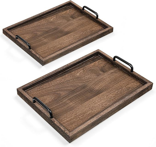 2 Pcs Rustic Wooden Serving Trays with Handle Decorative Nested Vintage Wood Serving Tray Stylish Farmhouse Decor Servings Platters for Eating, Breakfast(Large 15.8x11.8x1.2 in, Small 13.4x9.4x1.2 in)