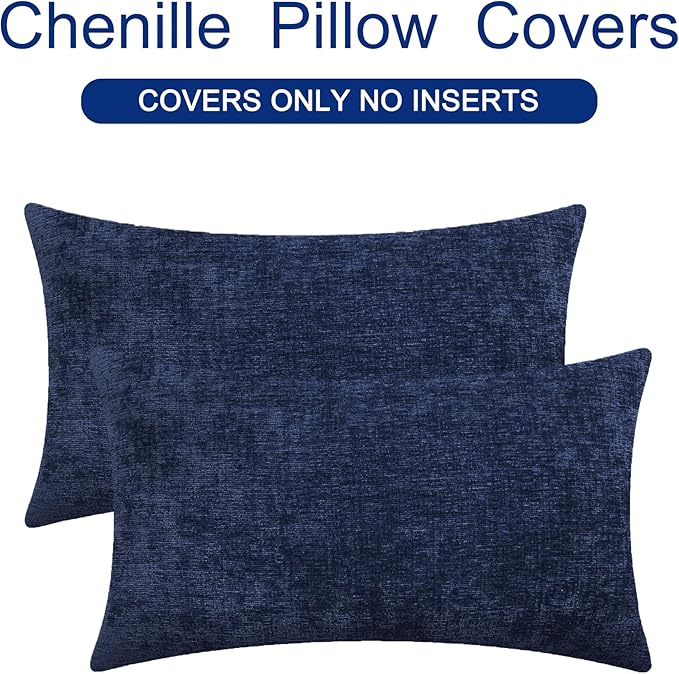 CaliTime Throw Pillow Covers Decorative 16 X 26 Inches Pack of 2 Cozy Chenille Cushion Cases for Couch Sofa Bed Living Room Home Navy Blue