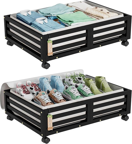 Bamboo Under Bed Storage Containers- Underbed Organizer with Wheels with Large Dust Bag,Sturdy Wood Rolling Under the Bed Shoe Storage Organizer Drawer 2 Pack