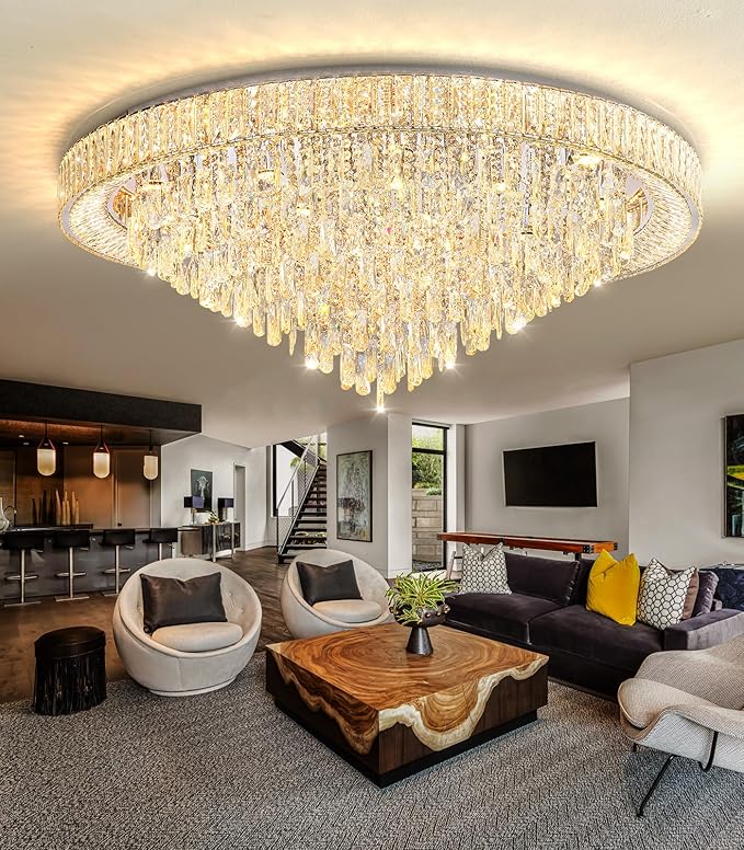 47'' Modern Chandeliers LED Dimmable Crystal Flush Mount Ceiling Chandeliers for Living Room High Ceiling Entrance Foyer Lobby Bedroom Silver