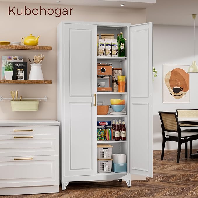 75" Kitchen Pantry Cabinet, White Metal Storage Cabinets with 2 Doors and 4 Adjustable Shelves, Tall Pantry Storage Cabinet for Kitchen, Dining Room, Living Room