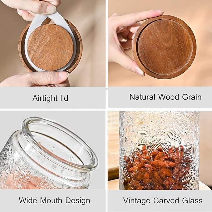 3-Pack 32oz Vintage Glass Jar With Lid, Glass Storage Containers, Airtight Kitchen Storage Containers For Sugar, Coffee, Tea, Spice, Flour, Candy Cookie, Pasta, Cereal