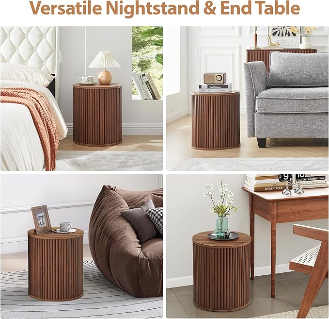 AVZEAR Small Round Side Table Fluted Night Stand Set of 2, Mid Century Modern End Table with Storage, Circle Bedside Tables Wood Nightstands for Small Spaces, Living Room, Bedroom (Walnut)